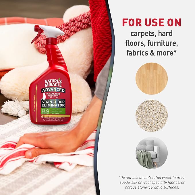 Nature’s Miracle Advanced Cat Stain & Odor Eliminator, Severe Mess, 32 oz | Enzymatic Cleaner Eliminates the Toughest Cat Messes, For Use on Multiple Surfaces, Safe For Pets and Home*, Fresh Scent