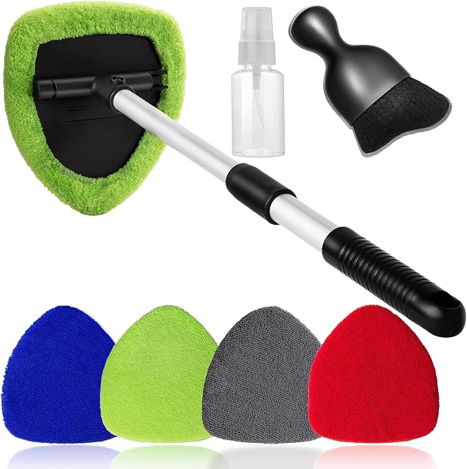 Qydipclin 7pcs Windshield Cleaner Tool Car Window Cleaning Wash Kit with 4 Reusable Microfiber Pads 1 Spray Bottle and Extendable Handle Auto Glass Wiper Kit, Multicolor