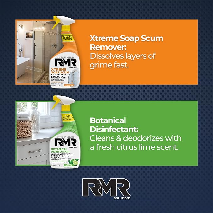 RMR Fresh Start System – Xtreme Soap Scum Remover + EPA-Registered Botanical Disinfectant Cleaner, Bathroom Cleaning & Disinfecting Bundle for Shower, Tub, Tile & Surfaces, 2–32 Oz Bottles