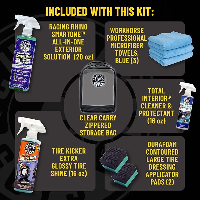 Chemical Guys, Raging Rhino Exterior, Interior & Tire Shine Kit | All-in-one exterior spray, interior cleaner, tire shine, microfiber towels and applicators in a storage bag, giftable set