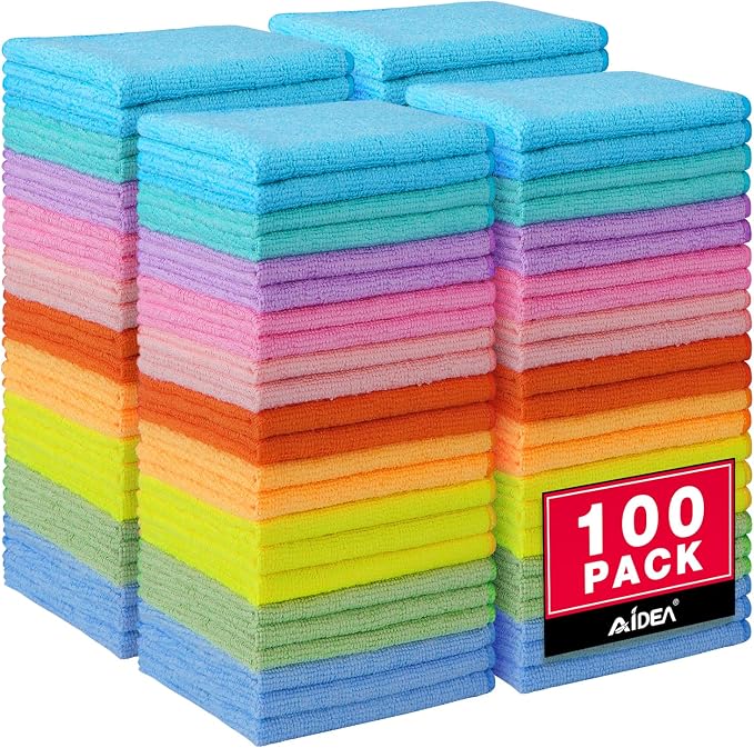 AIDEA Microfiber Cleaning Cloth, 100PK, Cleaning Rags, 11.5"×11.5" | Lint Free Cloth, Microfiber Towels for Cars, Wash Cloths, Dusting Cloth for Home, Window, Cleaning Supplies, Muilticolor