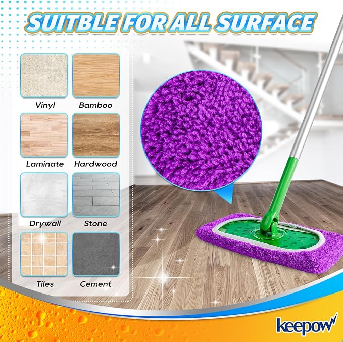 KEEPOW 10 Pack Reusable Mop Pads Compatible with Swiffer Sweeper | Coral Fleece, Assorted Colors (Green/Purple/White/Blue/Grey) Dry Wet Mopping Refills