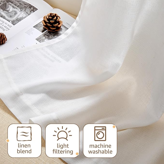 jinchan Linen Kitchen Tier Curtains, 38x36, 2 Panels, Beige White | Light filtering, linen blend, rod pocket, farmhouse style, rustic decor, kitchen, bathroom, laundry room, RV, small windows
