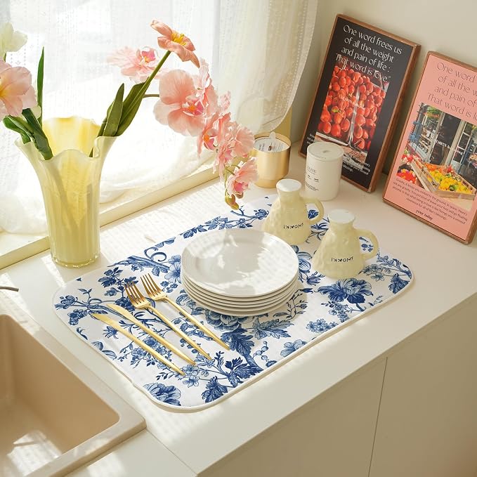 Vintage Blue Dish Drying Mat 18x24 Inch Chinoiserie Navy Blue Floral Drying Mat Flower Spring Summer Seasonal Absorbent Dish Drying Pad Dish Rack Drainer Mats for Kitchen Dining Counter