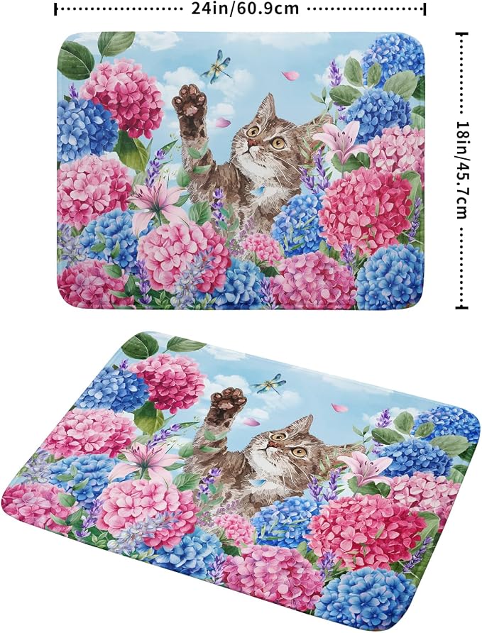 Cute Cat Dish Drying Mats for Kitchen Counter Hydrangea Floral Absorbent Drying Dishes Mat Large 18 X 24