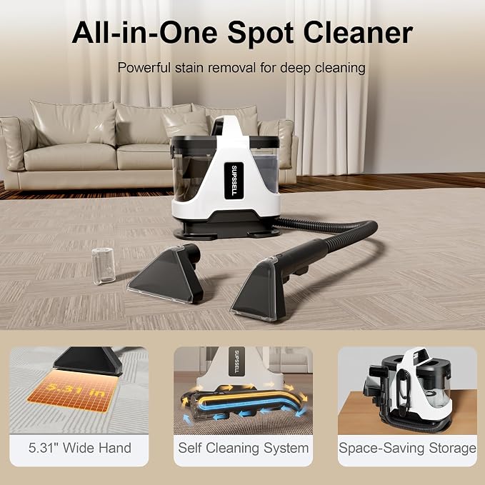 Carpet & Upholstery Cleaner Machine: Portable 16Kpa Suction, Self-Cleaning Pet Stain Remover: Spot Cleaner for Car Rug Sofa Stairs, Dual Tank, Spray Scrub System, Deep Cleaning for Rugs