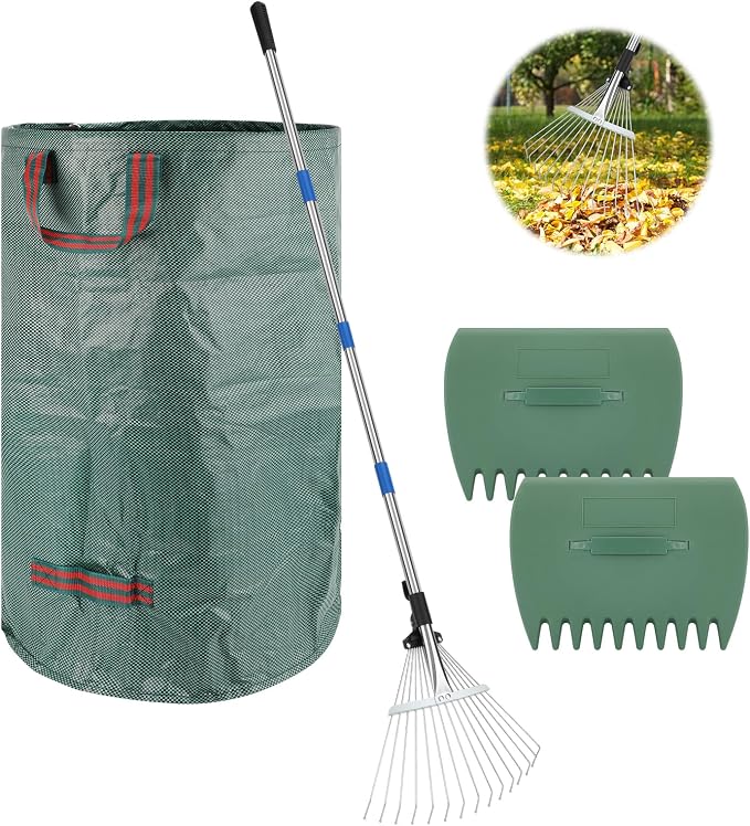 SANLIKE 68" Adjustable Metal Leaf Rake, Heavy Duty Thatch Rake Include Bag | Sturdy metal rake head with extendable 68-inch adjustable handle, heavy-duty durable structure for lawn thatch & leaf cleanup