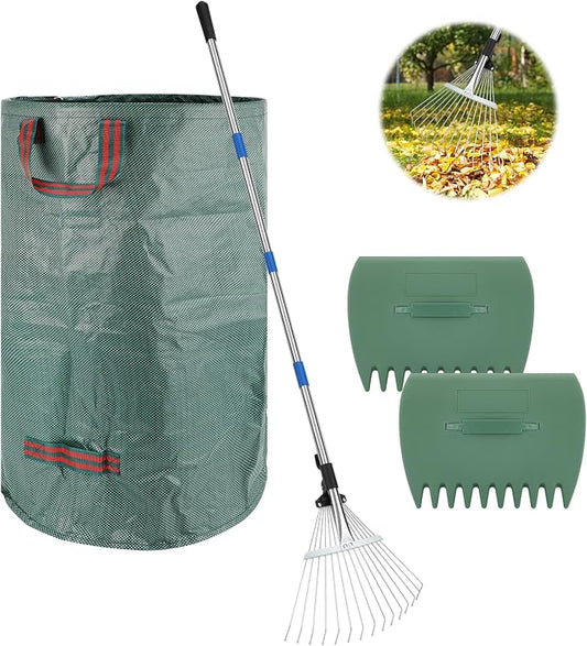SANLIKE 68" Adjustable Metal Leaf Rake, Heavy Duty Thatch Rake Include Bag | Sturdy metal rake head with extendable 68-inch adjustable handle, heavy-duty durable structure for lawn thatch & leaf cleanup