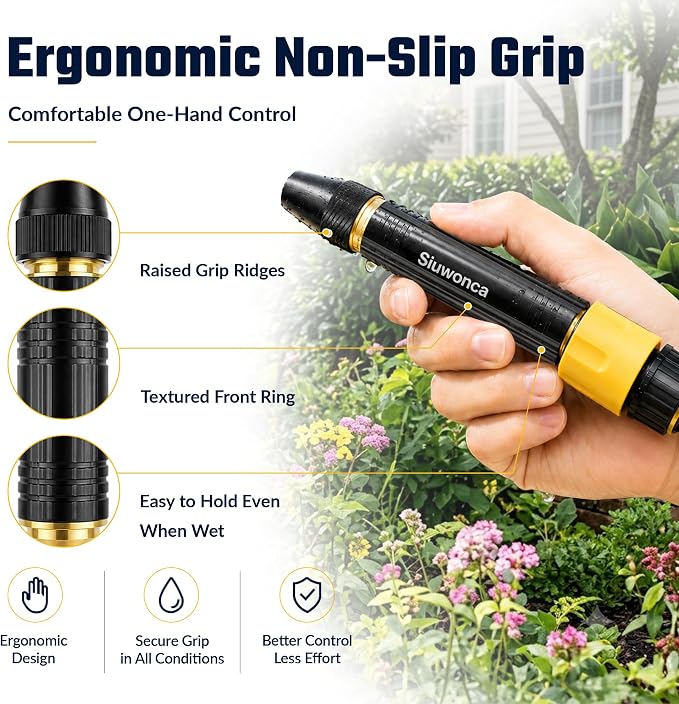 2026 Upgrade High Pressure Hose Nozzle Sprayer for US Garden Hoses | 3-Mode Adjustable, Brass Body, Non-Slip Grip, 3/4" GHT Adapter for Watering Plants and Lawn, Car Washing, Patio and Pet