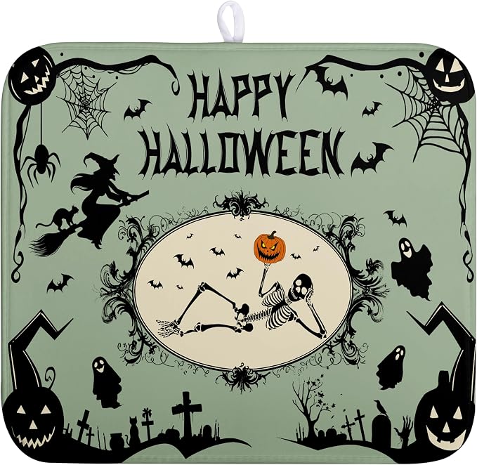 Happy Halloween Dish Drying Mat for Kitchen Counter 16x18 Skull Pumpkin Witch Spider Web Bat Ghost Drying Mats Green Black Absorbent Microfiber Dish Drainer Rack Pad for Coffee Bar
