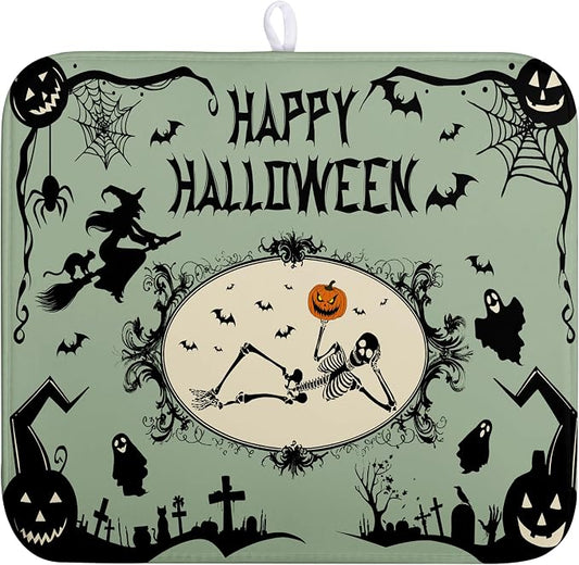Happy Halloween Dish Drying Mat for Kitchen Counter 16x18 Skull Pumpkin Witch Spider Web Bat Ghost Drying Mats Green Black Absorbent Microfiber Dish Drainer Rack Pad for Coffee Bar
