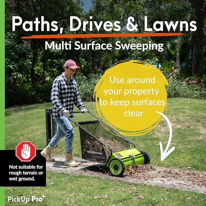 GreenSweep Pickup Pro XL V26 Garden Sweeper – Manual Push Lawn Sweeper for Leaves, Grass Clippings & Garden Debris – Adjustable Height Leaf Collector
