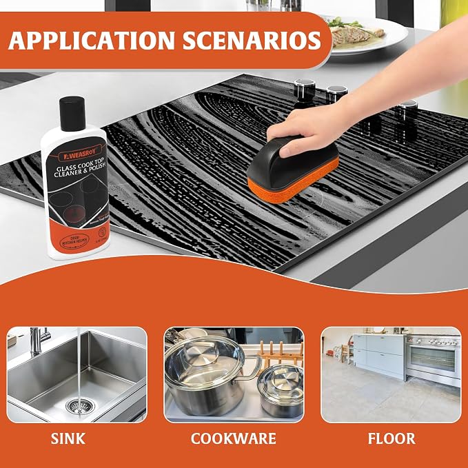 AWEASROY Glass Stove Top Cleaner Kit 12 oz, Cooktop Cleaner and Polish Non-Abrasive No Scratch Removes Tough Stains, with Scrubbing Pad, Handle, Scraper, Cloth