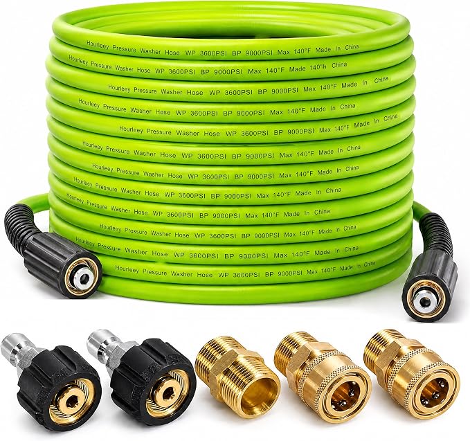 Hourleey Pressure Washer Hose 50 FT, 3600 PSI Flexible Kink Resistant Power Washer Hose Replacement, 1/4" Quick Connect Pressure Hose Extension, Green