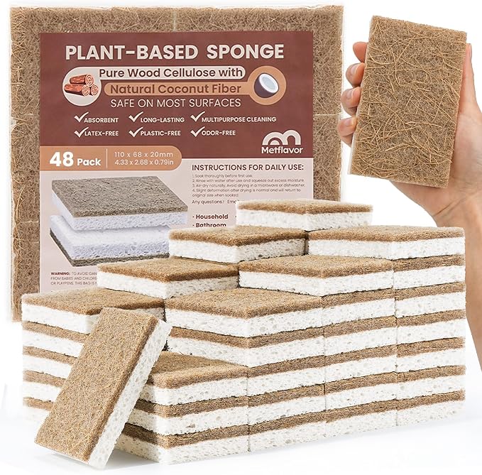 Metflavor Kitchen Sponges, 48 Count, Natural Non-Scratch Cellulose Sponge with Coconut Scrubber for Dishes, Biodegradable & Compostable, Non Toxic Cleaning Sponges for Kitchen, Bathroom, Household