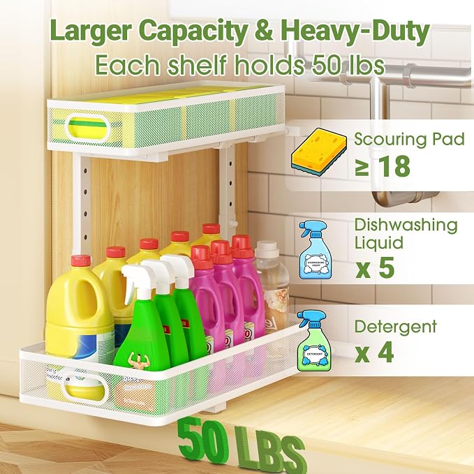Under Sink Organizer 4-Pack, Metal 2-Tier Pull-Out Cabinet Shelf with Slide-Out Mesh Drawers, Height Adjustable, Space-Saving Storage Racks for Kitchen, Bathroom, Laundry Room, White