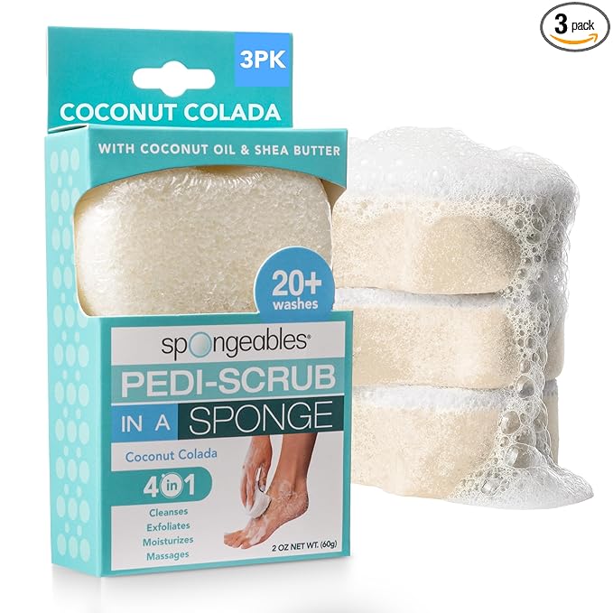 Spongables Pedi Scrub Foot Exfoliating 20+ Wash Sponge, Coconut Colada, 3 Count