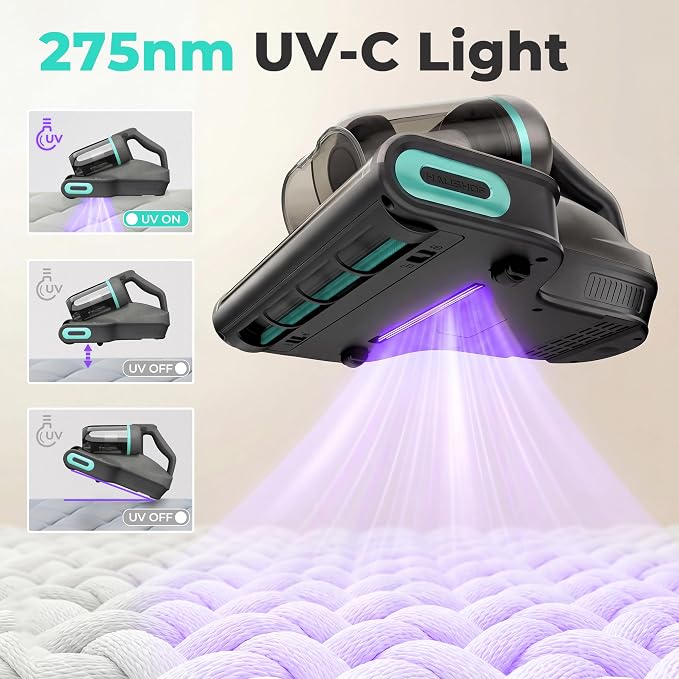 HAUSHOF Cordless Mattress Vacuum Cleaner, 17kPa, 2 Suction Modes | 275nm UVC Light, Dust Index Indicator, 140°F Heat, Beater Brush, H12 HEPA Filter, 16.9oz Dual Cup, For Couch, Bed, Furniture