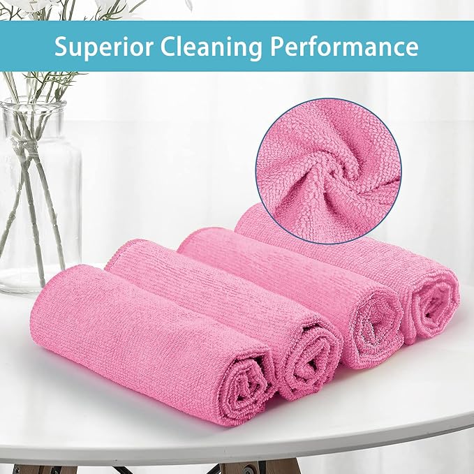 HOMEXCEL 50PK Microfiber Cleaning Cloth, Cleaning Rag for Home, 11.5x11.5in | Reusable, Lint Free, Scratch-Free and Highly Absorbent Towels for Kitchen, Window and Glass, Cars, Pink