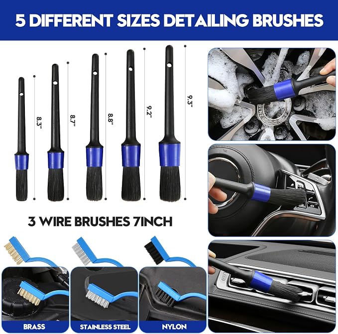 Qydipclin 34Pcs Car Detailing Kit, Car Detailing Brush Set, Car Wash Cleaning Kit, Car Detailing Brushes, Professional Car Care Kit for Interior Exterior Wheels, Blue