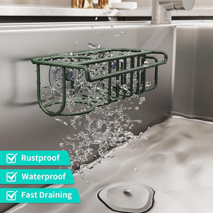 HapiRm Sink Caddy Sponge Holder - No Drill Sponge Holder for Kitchen Sink, Rustproof and Waterproof Kitchen Organizer - Green