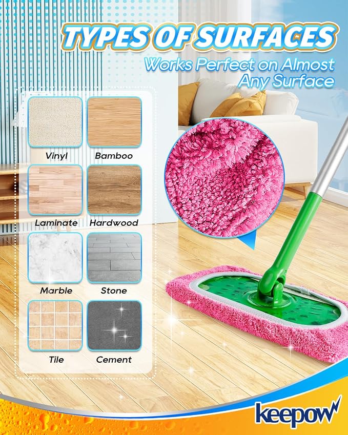 KEEPOW Reusable Mop Pads Compatible with Swiffer Sweeper, 4 Pack Pink | Washable Microfiber Replacement Mop Refills, Wet & Dry Dust Mopping Pads for Hardwood, Tile, Laminate & Vinyl Floors