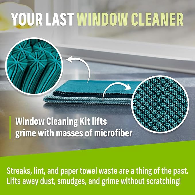 E-Cloth Window and Glass Cleaner Kit, Just Add Water - 3 Kits | Chemical-Free Cleaning - Reusable & Machine Washable Towel, Versatile Use for Mirrors, Cars, & Lenses, Winter Green