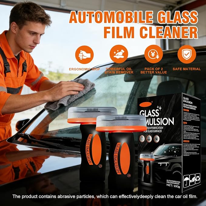 Glass Emulsion Cleaner & Glass Oil Film Remover for Cars – Roll-On Glass Guard with Brush, Removes Oil, Grease & Fog, Anti-Fog Windshield Cleaner for Clear Driving Visibility (Orange)