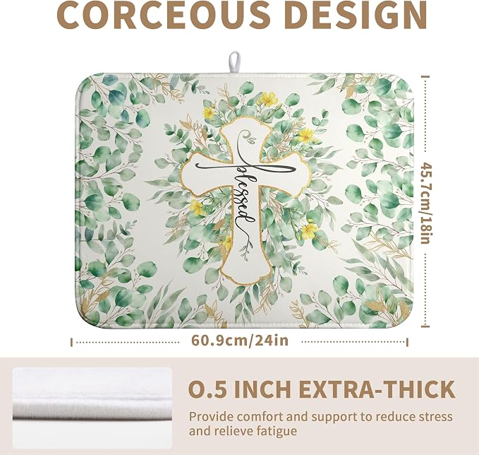 Spring Summer Cross Blessed Dish Drying Mats Spring Eucalyptus Leaves Dish Mat Drying Matt Floral Dishes Dryer Pad for Kitchen Counter Absorbent Microfiber Washable Foldable Reusable 18x24 in