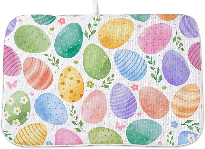 Spring Dish Drying Mat 18x24 Inches For Kitchen Counter Absorbent Colorful Easter Eggs Kitchen Decoration Green Yellow Purple Eggs Drying Mat Pad For Home Kitchen,Dining Room,Office Decor