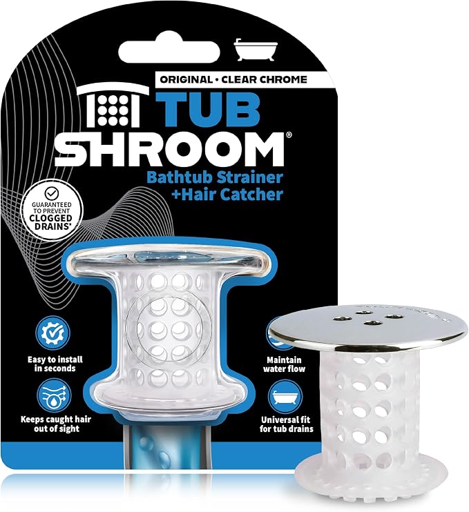 TubShroom Tub Drain Hair Catcher, Chrome – for Bathroom Drains, Fits 1.5” – 1.75” Bathtub and Shower Drains, White