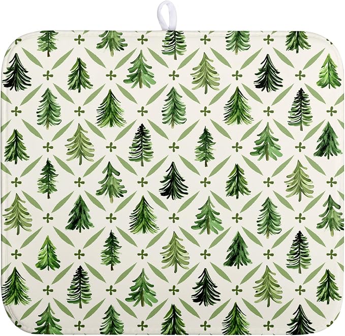 Christmas Dish Drying Mat for Kitchen Counter 16x18 Inch Sage Green Xmas Tree Drying Mats Winter Holiday Dish Drainer Pad Microfiber Absorbent Dish Draining Mat for Coffee Bar