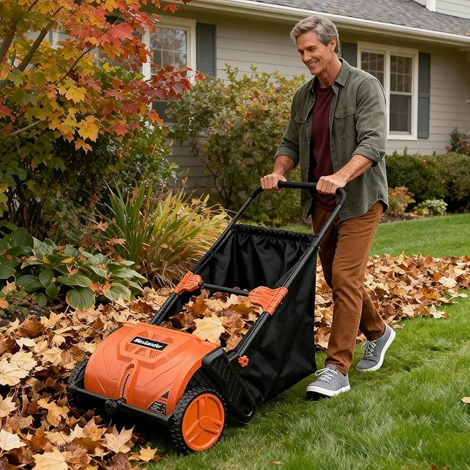 MAXLANDER 21-Inch Push Lawn Sweeper with 3.5 Cu.Ft. Collection Hopper, Manual Leaf & Grass Sweeper, Adjustable Brush Height for Lawn, Yard and Garden Cleanup Grass Catchers