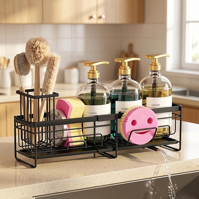 spospo Extendable Sponge Holder for Kitchen Sink, Extra Large Adjustable Length Sink Caddy Organizer with High Brush Holder, Self-Draining Countertop Organizer