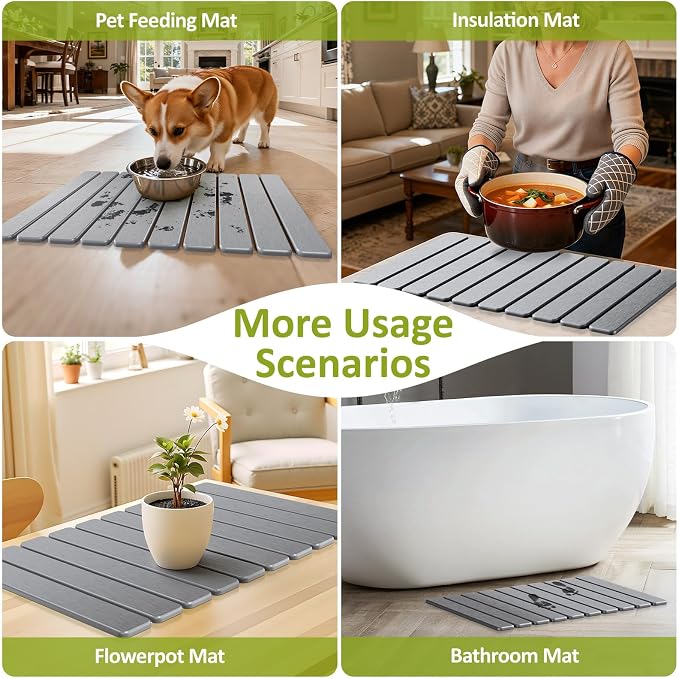 Large Stone Dish Drying Mat for Kitchen Counter, 24"(L)×16"(W), Collapsible Quick Dry Stone Dish Mats, Super Absorbent Diatomaceous Earth Drying Pad for Dishes Bottles Cups, Countertops (Light Grey)