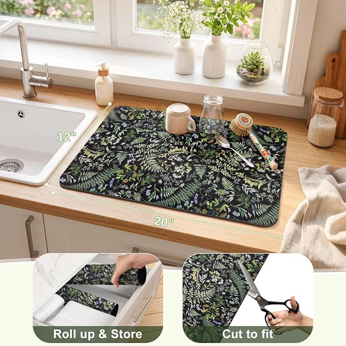 LOKHOM Dish Drying Mat for Kitchen Counter, 12"x20" Absorbent Coffee Bar Mat with Vintage Botanic Fern Leaves, Sage Green Plant Dish Drainer Rack Mat for Kitchen Counter