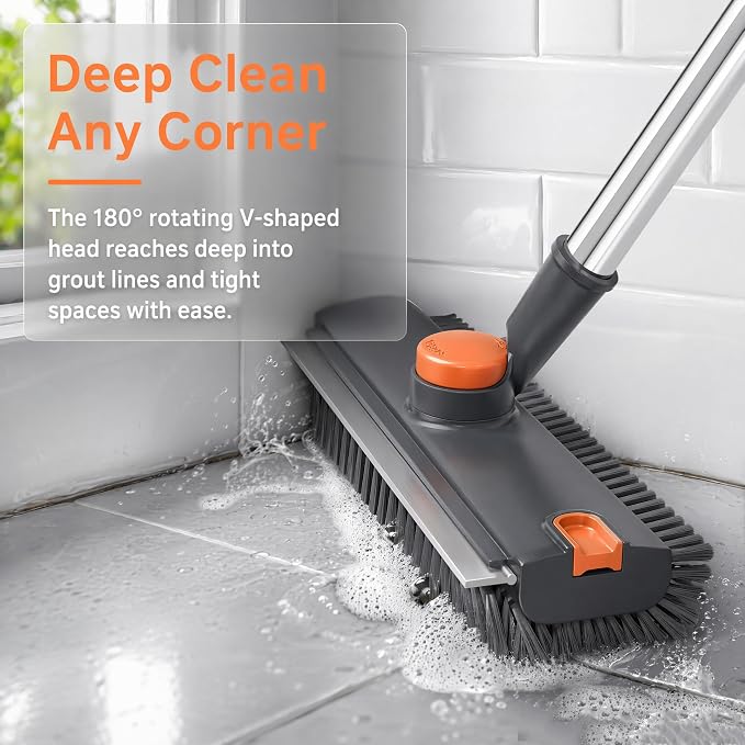3-in-1 Floor Scrub Brush with Long Handle, Rotating Head Squeegee & Tweezer | Stiff Dual-side Bristle, 50'' Extension Pole, Stainless Steel, Multi-Surface for Shower Tile Patio Kitchen Deck Cleaning