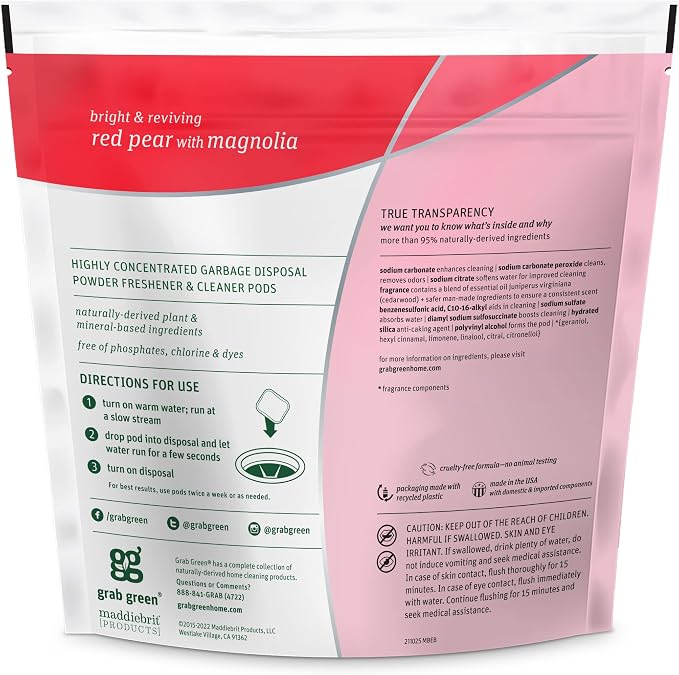 Grab Green Naturally-Derived, Mineral-Based Disposal Cleaner & Freshener Pods, Red Pear with Magnolia, 12 Pods (4-Pack)