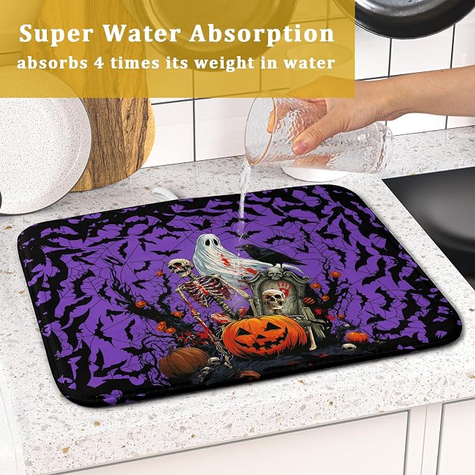 Giwawa Halloween Pumpkin Dish Drying Mat 16x18 inch Spooky Ghost Bat Dish Rack Mats Microfiber Draining Pad Fast Dry Holiday Kitchen Accessories