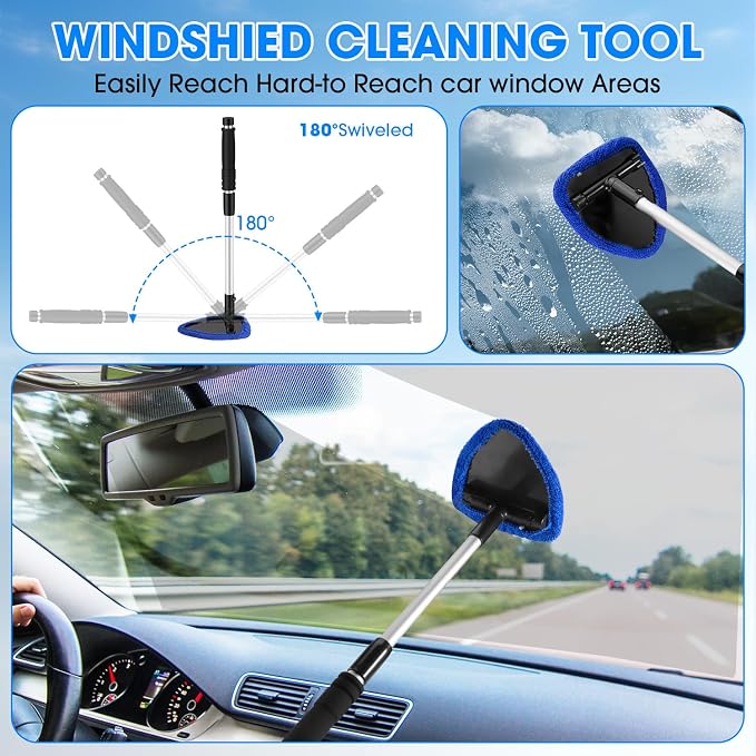 Windshield Cleaner Tool, Car Interior Cleaning Kit with Extendable Handle and 3 Reusable Microfiber Pads, Auto Glass Wiper and Detailing Brush Kit for Car & Home Window, Blue