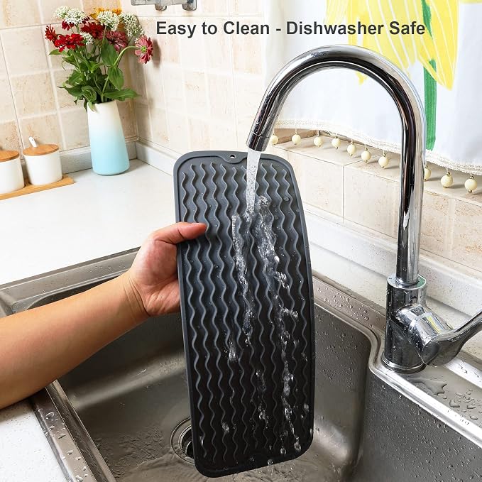 ZLR 2 Pcs Small Dish Drying Mat (6" x 17" / 153 x 433mm) - Narrow Silicone Drainer for Kitchen Counter, Apartment & RV - Compact Sponge Holder & Sink Caddy Tray, Non-Slip Food-Grade (Dark Gray)