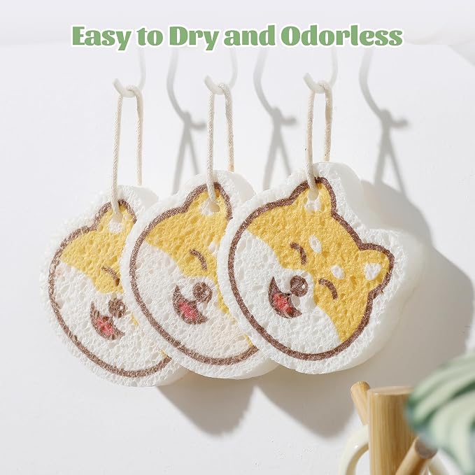 JOYMOOP Cartoon Kitchen Sponge, Cellulose Sponges for Cleaning, 4 Pack Non-Scratch Sponges for Washing Dishes, Reusable Sponge for Kitchen, Bathroom and Office - Doggy Pattern