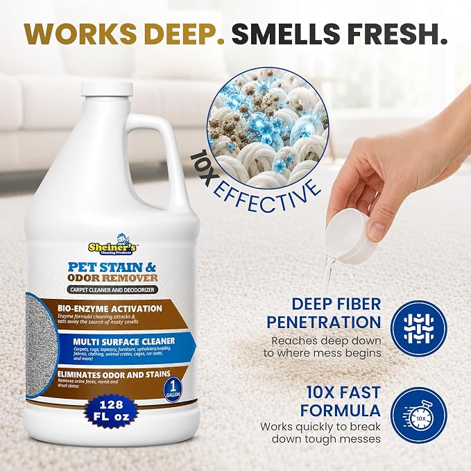 Sheiner's Pet Urine Enzyme Cleaner & Pet Stain & Odor Remover, Advanced Enzymatic Cleaner Solution for Carpets, Rugs, Upholstery & Multi-Surfaces, Safe for Pets & Kids. (128 oz)
