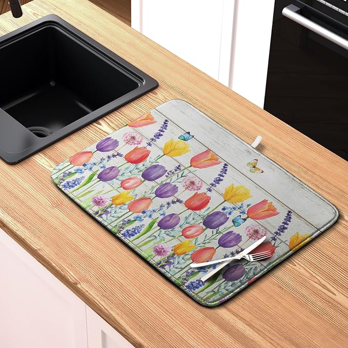 Tulip Floral Dish Drying Mat for Kitchen Counter Watercolor Spring Flower Dish Mat Absorbent Microfiber Dish Draining Mat Reversible Heat Resistant Dishes Pad Large 18 x 24 Inch