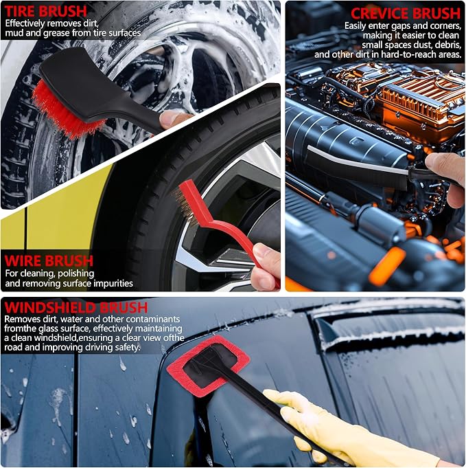 32Pcs Red Car Detailing Kit – Brush Set & Cleaning Kit with Drill Brush, Polishing/Waxing Pads, Interior/Exterior Tools for Wheels & Windshield – Portable Handbag