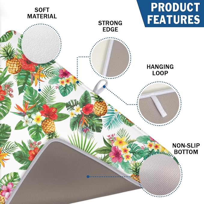 Summer Tropical Dish Drying Mat for Kitchen Counter Hawaii Palm Leaves Floral Pineapple Microfiber Dish Drainer Mat Rustic Absorbent Washable Drying Pad Extra Large 18"x24"