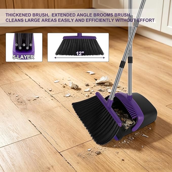 Broom and Dustpan Set 2 Pack, Upright Stand Up Broom and Dustpan Combo with Long Handles, Self-Cleaning Dustpan Teeth, Indoor Outdoor Sweeping Set for Home, Kitchen, Garage Pet Areas Purple