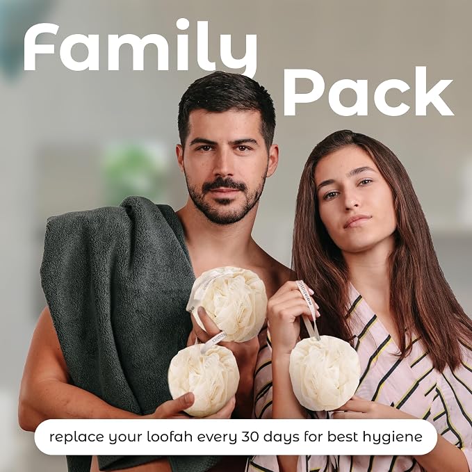 MainBasics Shower Loofah Sponge Pouf, Set of 3, Seaweed Infused | Soft Mesh Body Scrubber and Bath Sponge for Gentle Exfoliation, Rich Lather, and Everyday Shower Use