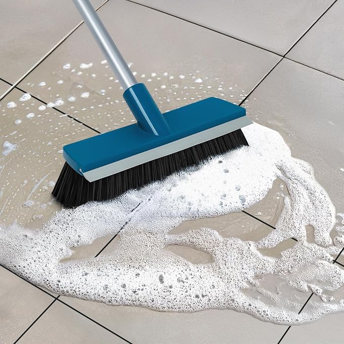 Stiff Bristle Deck Brushes for Scrubbing Heavy Duty with Rubber Scrape Squeegee, 55” Long Handle Scrub Brush for Bathroom Shower Carpet Outdoor Floor Cleaning (Head Size: 10.8”)