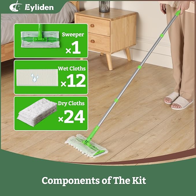 Eyliden Sweeper Mop with 36 Refills, 3 Types of Disposable Dry & Wet Cloths | Lock-Tight Design No Lost Pads, Universal Refills, Multi-Surface Sweeping Starter Kit for Pet Hair, Dust, Floor Cleaning